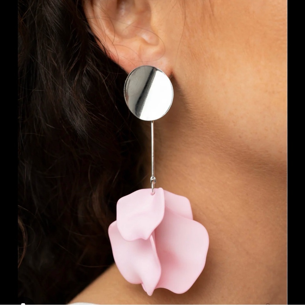Silver Drop Earrings with Pink Petal Dangles